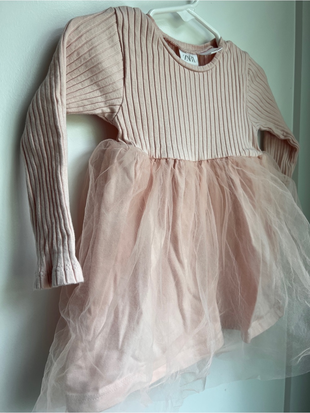 ZARA Baby Ribbed Tulle Dress | Blush Pink | 12–18 Months